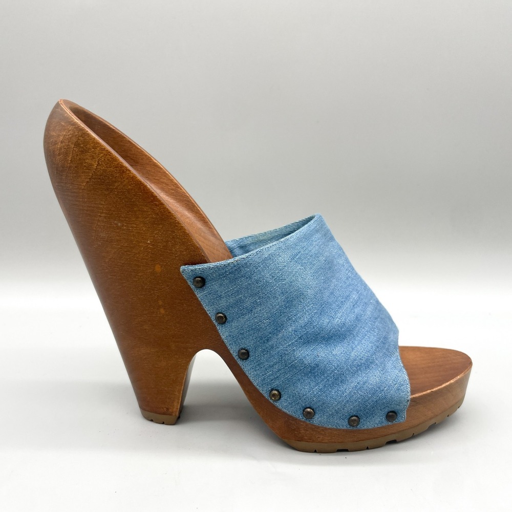 Stella McCartney Womens 38 Wood Platform Clog Mules Blue Denim Studded Y2K VTG